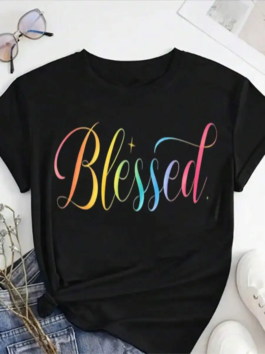 Oversize Womens Round Neck T-Shirt With Rainbow Gradient Blessed Print Casual Short Sleeve Top
Oversize Womens Round Neck T-Shirt With Rainbow Gradient Blessed Print Casual Short Sleeve Top