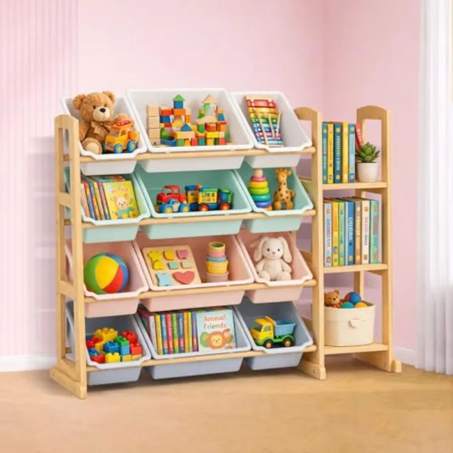 Toy Storage Organizer with Bookshelf Wooden Shelf with 12 Bins and 3 Shelves, Quick Assembly Storage Rack for Playroom, Bedroom
Toy Storage Organizer with Bookshelf Wooden Shelf with 12 Bins and 3 Shelves, Quick Assembly Storage Rack for Playroom, Bedroom