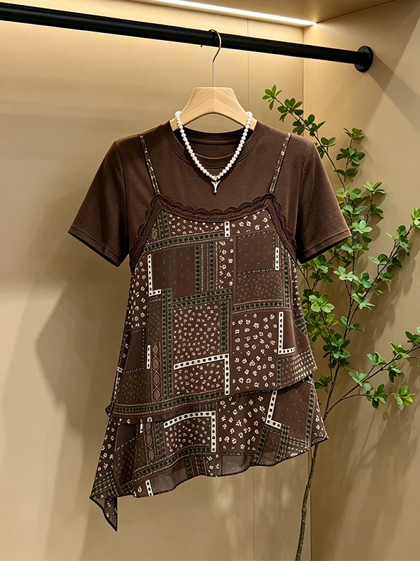plus Size Women's Retro Patchwork T-Shirt Summer New Style Slimming Belly Cover Print Top Floaty Sashes Versatile Casual Wear
plus Size Women's Retro Patchwork T-Shirt Summer New Style Slimming Belly Cover Print Top Floaty Sashes Versatile Casual Wear