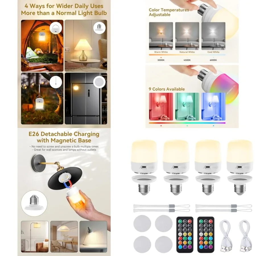 E26 Rechargeable Light Bulbs with Remote and Timer, Battery Backup Bulb with 12 Colors and Brightness Dimmable, 2300mAh 40W Equ
E26 Rechargeable Light Bulbs with Remote and Timer, Battery Backup Bulb with 12 Colors and Brightness Dimmable, 2300mAh 40W Equ
