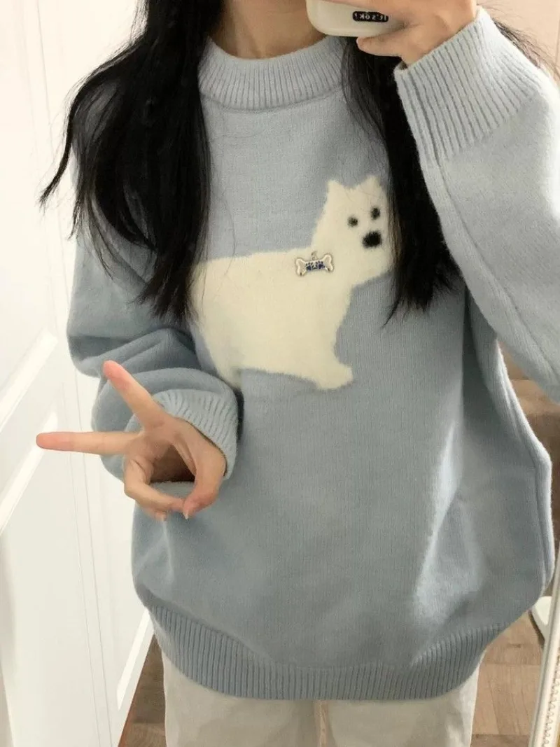 Жаккардовые вязаные пуловеры Sweet Baby Blue Dog Y2k Sueter Mujer с круглым вырезом, женские консервативные свитера в японском стиле Kawaii Lazy
Жаккардовые вязаные пуловеры Sweet Baby Blue Dog Y2k Sueter Mujer с круглым вырезом, женские консервативные свитера в японском стиле Kawaii Lazy