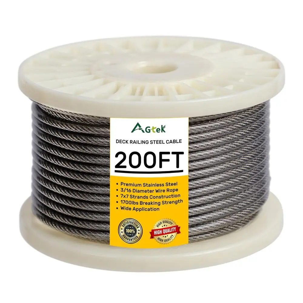 Vinyl-Coated Stainless Steel Cable for Deck Railings, 200 ft, 1/8 to 3/16 inch, 7x7 Strand Construction
Vinyl-Coated Stainless Steel Cable for Deck Railings, 200 ft, 1/8 to 3/16 inch, 7x7 Strand Construction