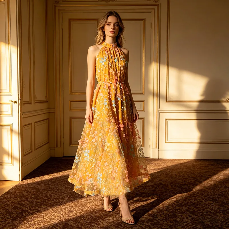 High Quality Print Big Swing Dresses Spring Women Sleeveless Halter Neck Pullover Dress High Waist Waist Slim Knee Length Dress
High Quality Print Big Swing Dresses Spring Women Sleeveless Halter Neck Pullover Dress High Waist Waist Slim Knee Length Dress