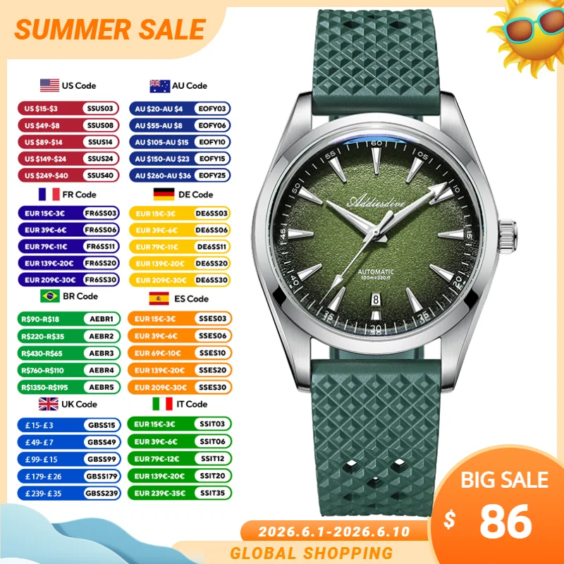 ADDIESDIVE Watch 39mm High-End Men's Automatic Mechanical Watches Top Brand BGW9 Super Luminous 100m Waterproof Watch Dome Glass
ADDIESDIVE Watch 39mm High-End Men's Automatic Mechanical Watches Top Brand BGW9 Super Luminous 100m Waterproof Watch Dome Glass