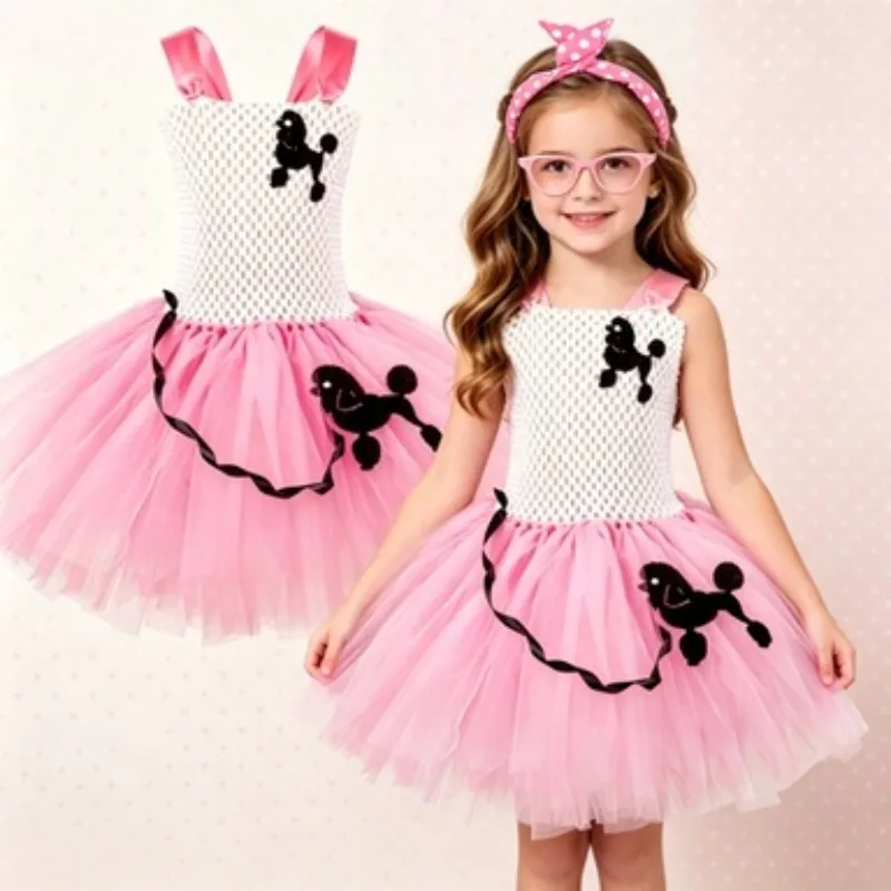 Girls' elegant retro Hepburn-style poodle print dress with accessories, Halloween costume set, festive and performance clothing
Girls' elegant retro Hepburn-style poodle print dress with accessories, Halloween costume set, festive and performance clothing