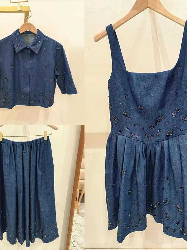 Early Spring 2026 Denim Beaded Diamond Collar Halter Dress Pleated Shirt French Style Short Sleeve Adult Women's Fashion Set
Early Spring 2026 Denim Beaded Diamond Collar Halter Dress Pleated Shirt French Style Short Sleeve Adult Women's Fashion Set