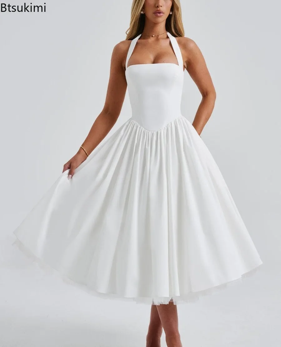 Elegant Solid High Waist Pleated A-line Dress Women Sexy Backless Sleeveless Slim Halter Dresses 2025 New Street Party Vestidos
Elegant Solid High Waist Pleated A-line Dress Women Sexy Backless Sleeveless Slim Halter Dresses 2025 New Street Party Vestidos