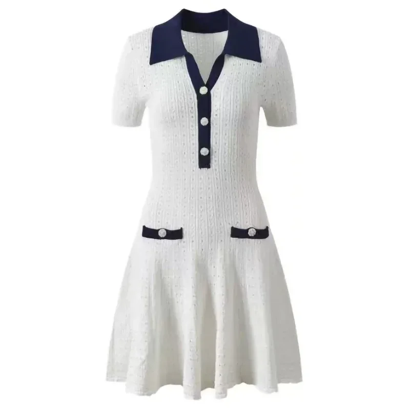 Summer New White Knit Dress Women Elegant High Waist Hollow Out Contrast Color Turn-Down Collar Slim Robe Ladies 2025
Summer New White Knit Dress Women Elegant High Waist Hollow Out Contrast Color Turn-Down Collar Slim Robe Ladies 2025