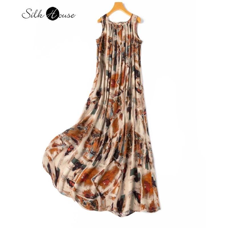 Artistic Oil Painting 100% Natural Mulberry Silk Crepe De Chine Women's Vacation Style Round Neck Sleeveless Vest Dress 
Artistic Oil Painting 100% Natural Mulberry Silk Crepe De Chine Women's Vacation Style Round Neck Sleeveless Vest Dress