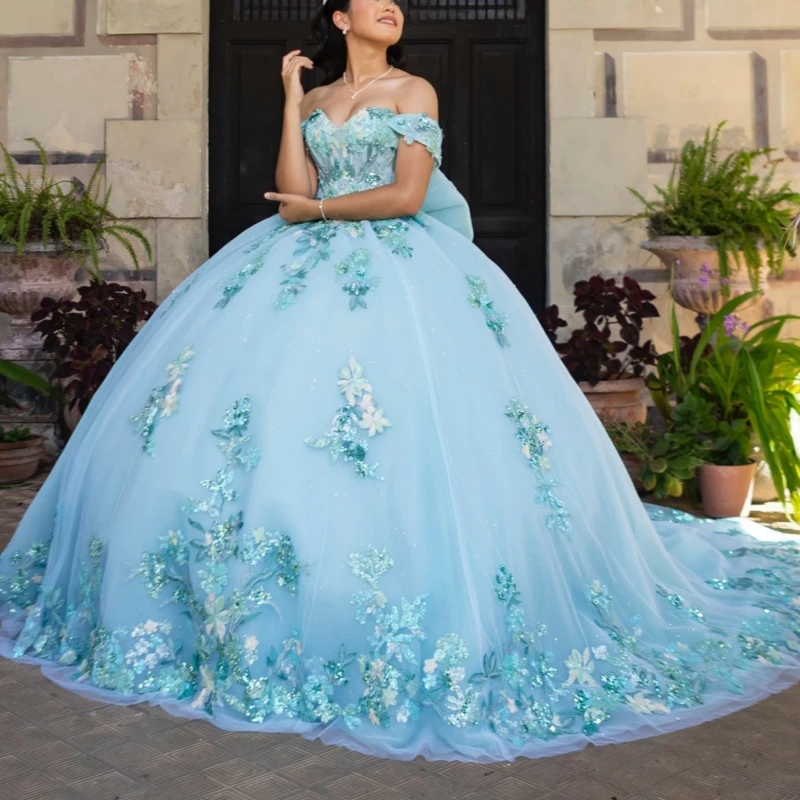 Water Blue Shiny Quinceanera Dresses Ball Gown Off The Shoulder Applique Lace Beads Bow Tull Sweet 16 Dress Vestidos 15 De Anos
Water Blue Shiny Quinceanera Dresses Ball Gown Off The Shoulder Applique Lace Beads Bow Tull Sweet 16 Dress Vestidos 15 De Anos