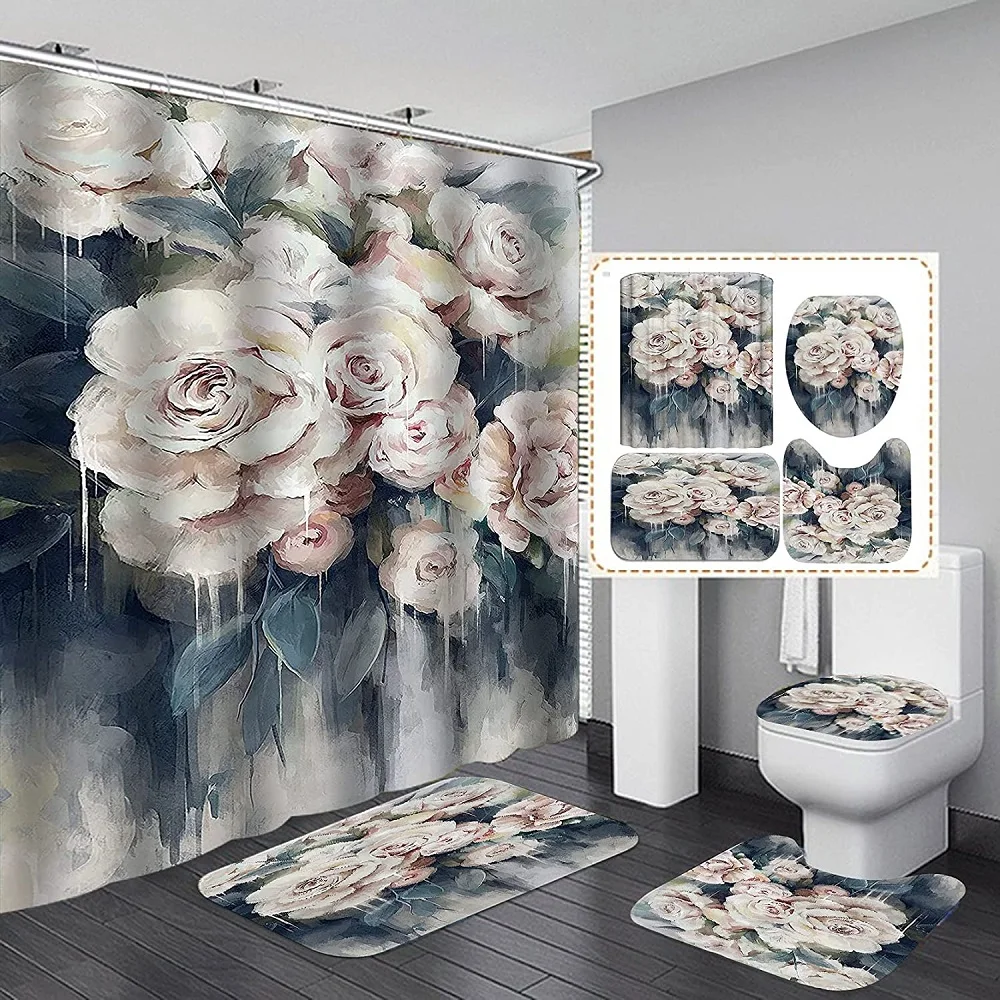 Pink Rose Shower Curtain Set Vintage Blue Leaf Flower Oil Painting Bathroom Bath Curtain Non-slip Rugs Toilet Lid Cover Bath Mat
Pink Rose Shower Curtain Set Vintage Blue Leaf Flower Oil Painting Bathroom Bath Curtain Non-slip Rugs Toilet Lid Cover Bath Mat