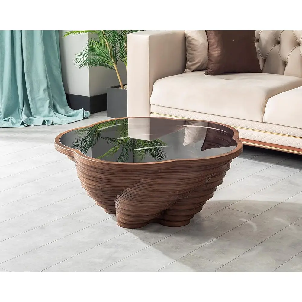 Elegant Floral Coffee Table with Walnut Edges and Smoked Glass for Living or Office Spaces
Elegant Floral Coffee Table with Walnut Edges and Smoked Glass for Living or Office Spaces