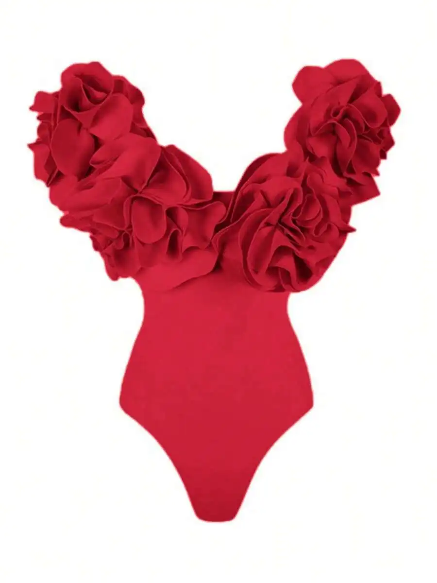 Solid Color One-Piece Swimsuit For Women With 3D Floral Strapless Top High Cut Leg
Solid Color One-Piece Swimsuit For Women With 3D Floral Strapless Top High Cut Leg