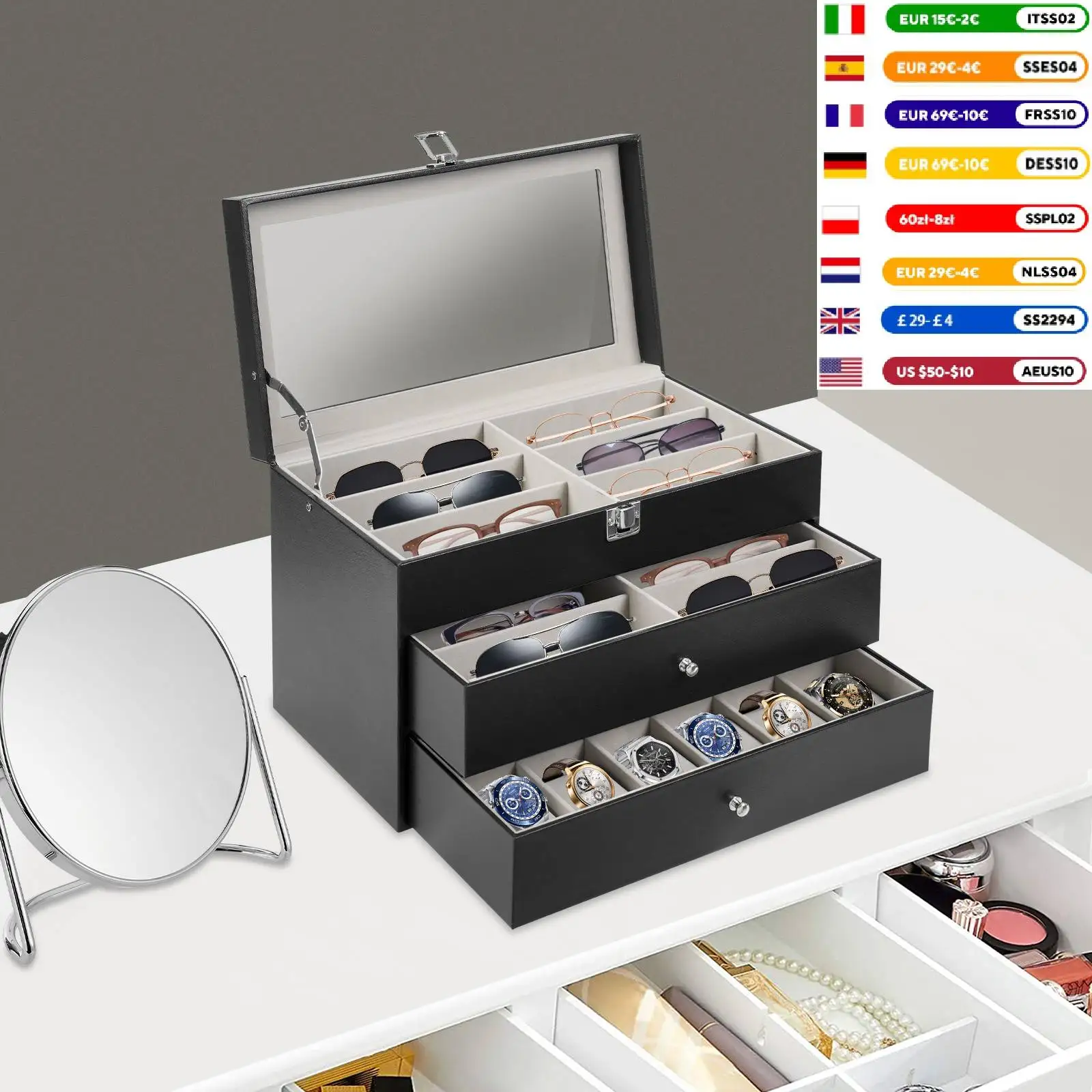 24-Slot Watch & Eyeglass Storage Box 3-Layer PU Leather Storage Display Case with Glass Top Holds 12 Watches & 12 Glasses
24-Slot Watch & Eyeglass Storage Box 3-Layer PU Leather Storage Display Case with Glass Top Holds 12 Watches & 12 Glasses