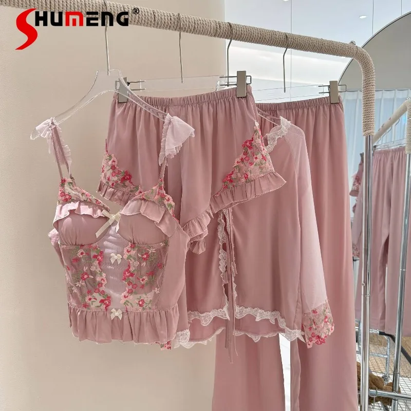 French Retro New Ice Silk Pajamas Female Sexy Embroidered Four Piece Set Homewear Women Camisole Shorts Sweet Sleep Suits
French Retro New Ice Silk Pajamas Female Sexy Embroidered Four Piece Set Homewear Women Camisole Shorts Sweet Sleep Suits