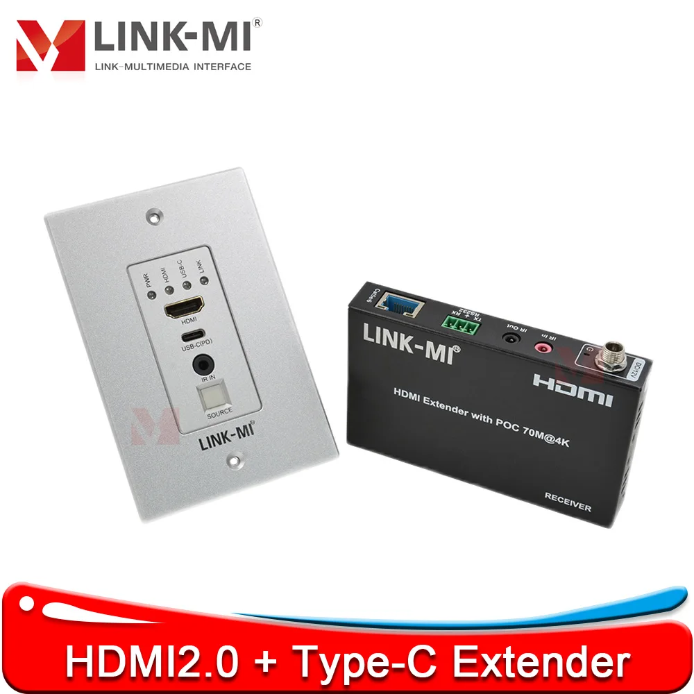 Удлинитель LINK-MI HDMI 2.0+Type-C через один кабель Cat5e/6, настенный удлинитель, передача на 70 м, 4K60Hz с EDID, POC, аудио S/PDIF
Удлинитель LINK-MI HDMI 2.0+Type-C через один кабель Cat5e/6, настенный удлинитель, передача на 70 м, 4K60Hz с EDID, POC, аудио S/PDIF