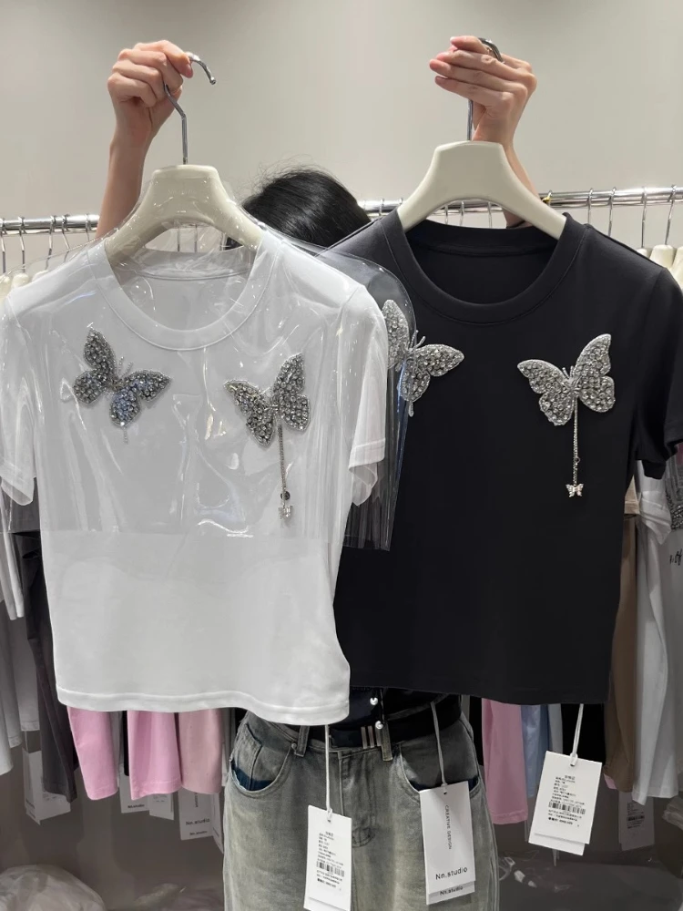Summer European-Style Nail Diamond Butterfly Tees Base Shirt Women 2024 New High Quality French Beaded Slim Casual Commuter Top
Summer European-Style Nail Diamond Butterfly Tees Base Shirt Women 2024 New High Quality French Beaded Slim Casual Commuter Top