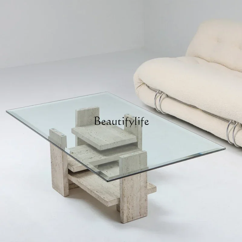 Special-shaped travertine base rectangular glass coffee table travertine rectangular coffee table
Special-shaped travertine base rectangular glass coffee table travertine rectangular coffee table