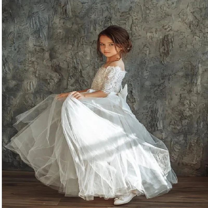 Elegant White Tulle Half Sleeve Lace Off Shoulder Flower Girl Dress For Wedding Princess Communion Birthday Celebration Dresses
Elegant White Tulle Half Sleeve Lace Off Shoulder Flower Girl Dress For Wedding Princess Communion Birthday Celebration Dresses