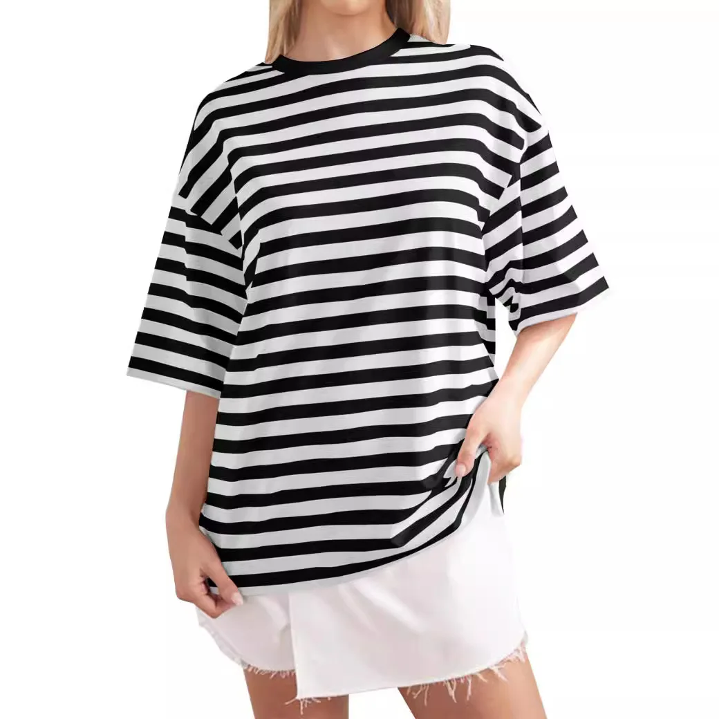 Women's Striped Cotton T-shir with Print Short Sleeve Vintage T Shirts Basic Summer Top Black T-shirt for Women 2024
Women's Striped Cotton T-shir with Print Short Sleeve Vintage T Shirts Basic Summer Top Black T-shirt for Women 2024