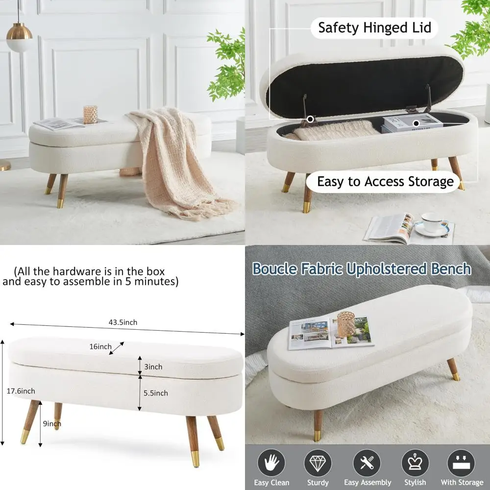 Upholstered Oval Storage Ottoman Bench with Boucle Fabric and Golden Legs for Bedroom
Upholstered Oval Storage Ottoman Bench with Boucle Fabric and Golden Legs for Bedroom