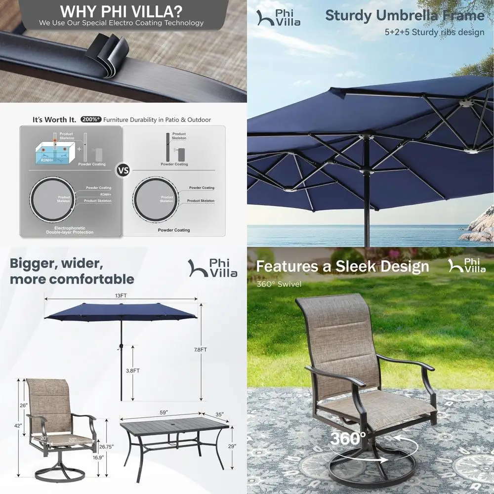 8-Piece Outdoor Dining Set with Navy Umbrella, 6 Padded Swivel Chairs, Metal Table
8-Piece Outdoor Dining Set with Navy Umbrella, 6 Padded Swivel Chairs, Metal Table