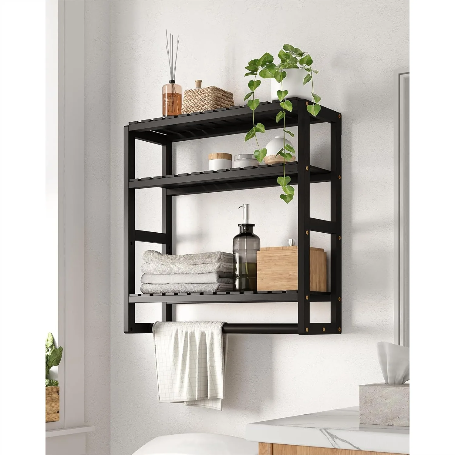 Over Toilet Storage Shelf 3 Tier Wall Mounted Bamboo Bathroom Organizer with Hanging Towel Rack
Over Toilet Storage Shelf 3 Tier Wall Mounted Bamboo Bathroom Organizer with Hanging Towel Rack