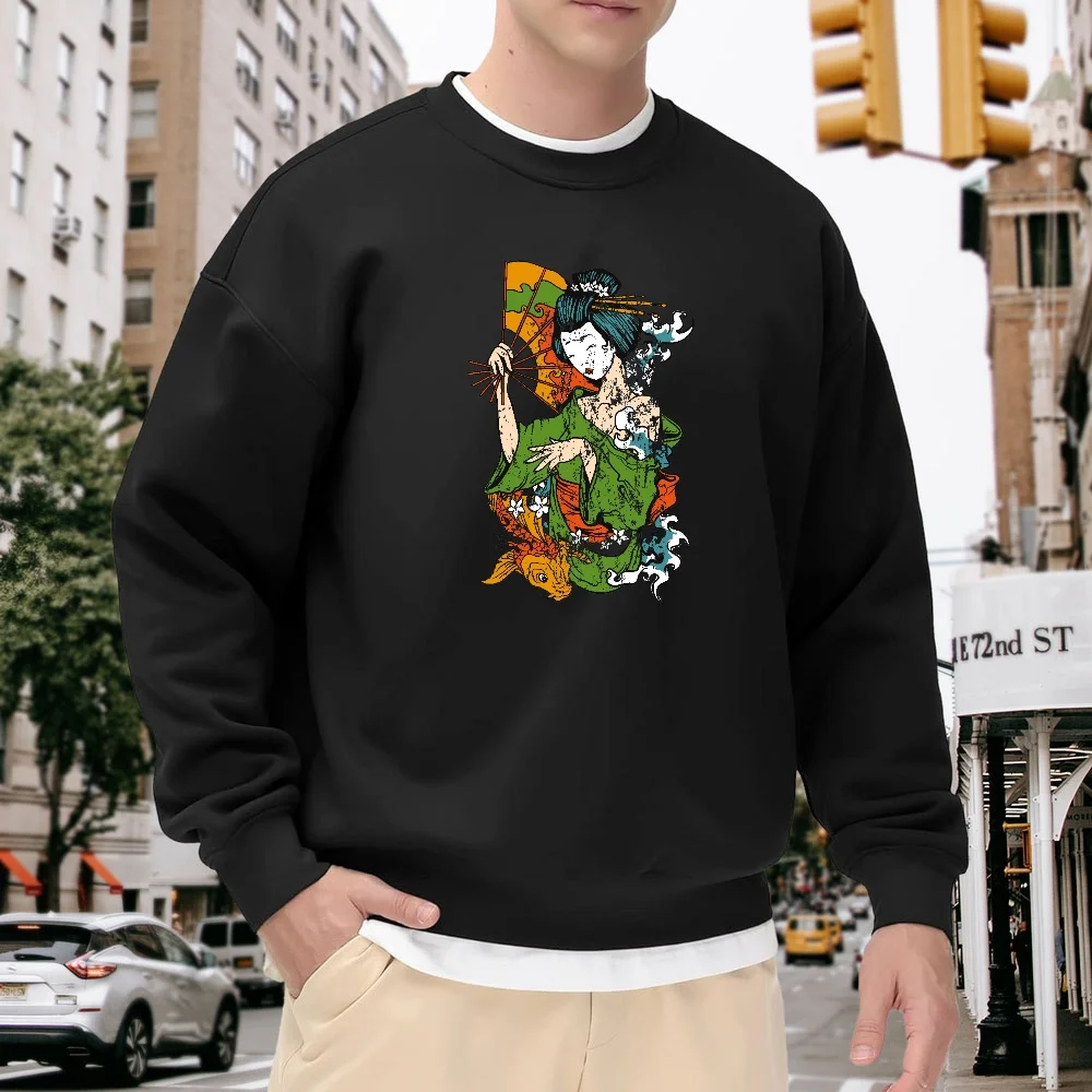 Men's Black Crew Neck Loose Sweatshirt Japanese Geisha Print Pullover Trendy Street Style Top Casual Everyday Versatile Soft and Comfortable
Men's Black Crew Neck Loose Sweatshirt Japanese Geisha Print Pullover Trendy Street Style Top Casual Everyday Versatile Soft and Comfortable
