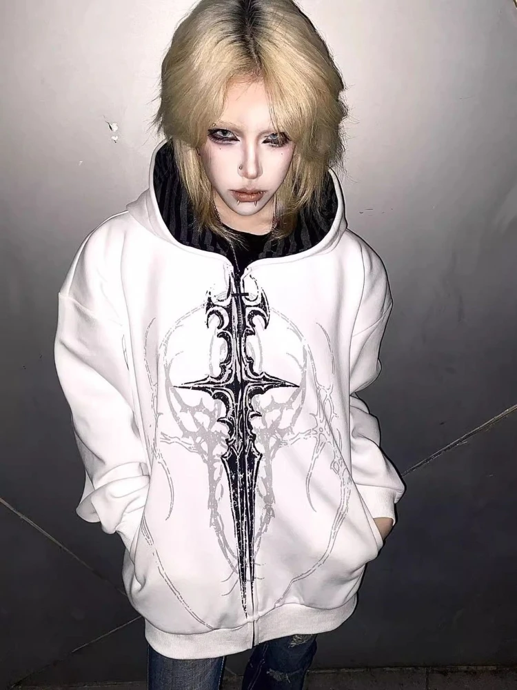 Японский стиль Harajuku, готические винтажные толстовки на молнии, толстовка с капюшоном и длинными рукавами 2000-х годов, осеннее свободное пальто с принтом
Японский стиль Harajuku, готические винтажные толстовки на молнии, толстовка с капюшоном и длинными рукавами 2000-х годов, осеннее свободное пальто с принтом