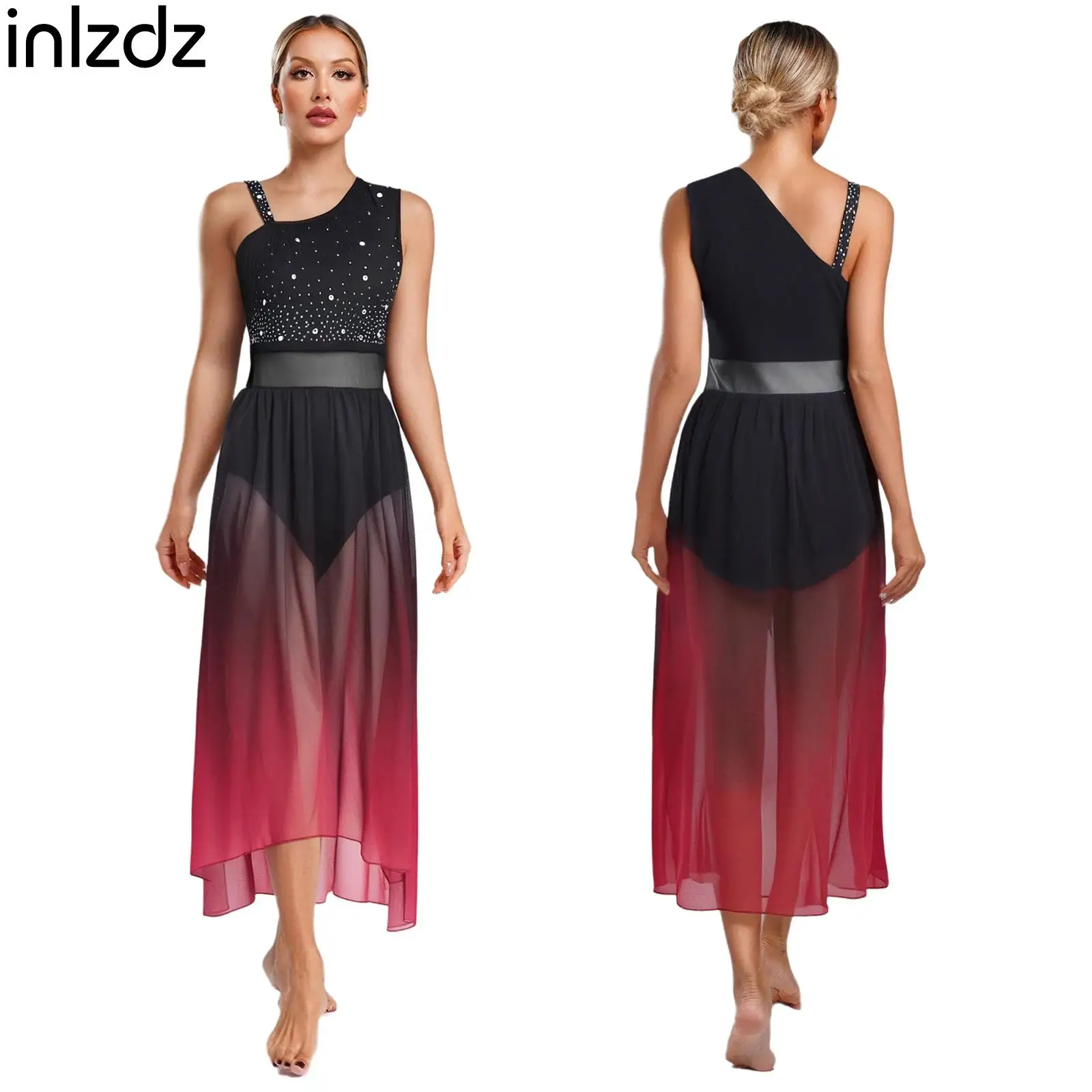 Womens Glittery Dancewear Modern Lyrical Dance Dress Asymmetrical Shoulder Straps Tassel Gradient Color Dress Built-in Briefs
Womens Glittery Dancewear Modern Lyrical Dance Dress Asymmetrical Shoulder Straps Tassel Gradient Color Dress Built-in Briefs