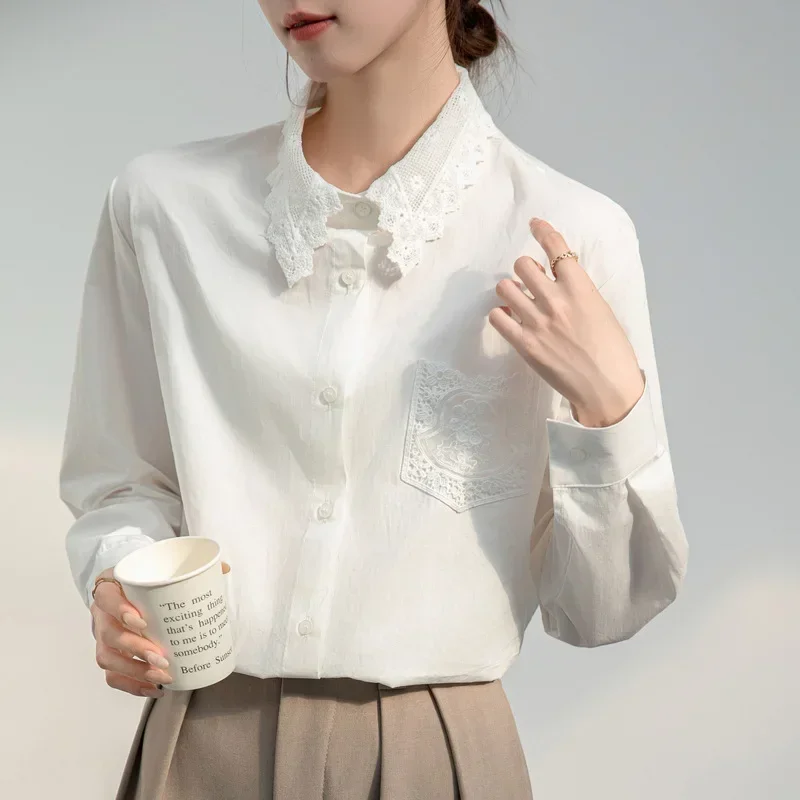 PopPopWhite Lace Collar Long Sleeve Women's Shirt Loose Fit Spring Autumn Korean Style Fashionable Small Top Pure Color Cotton B
PopPopWhite Lace Collar Long Sleeve Women's Shirt Loose Fit Spring Autumn Korean Style Fashionable Small Top Pure Color Cotton B