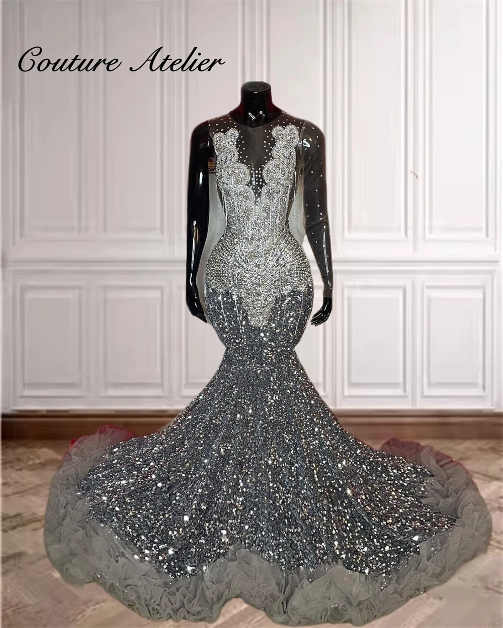 Grey Tulle Ruched Train Luxury Prom Dresses Gowns Black Girls Tassels Crystal Beading Sequin Mermaid Ladies Dresses Customized
Grey Tulle Ruched Train Luxury Prom Dresses Gowns Black Girls Tassels Crystal Beading Sequin Mermaid Ladies Dresses Customized