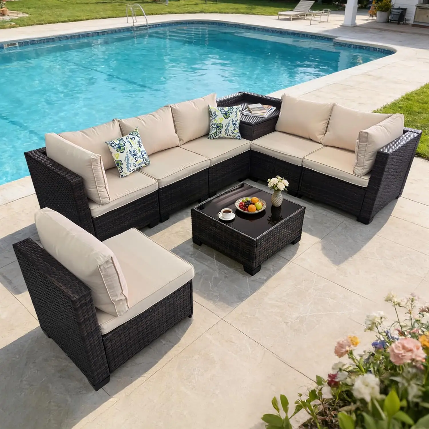 8pc Modular Patio Sectional Sofa Thick Cushion Glass Table Storage Box Deck Sunroom Brown Wicker Beige, Customized
8pc Modular Patio Sectional Sofa Thick Cushion Glass Table Storage Box Deck Sunroom Brown Wicker Beige, Customized