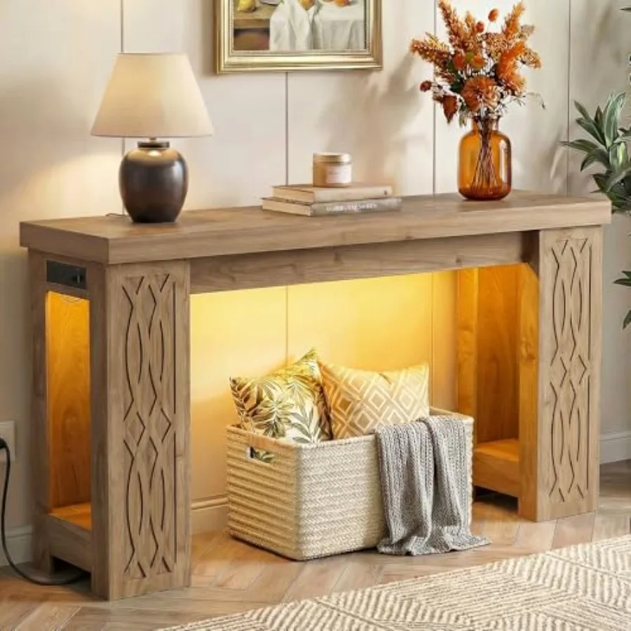 47 Console Table with Outlet for Entryway, Farmhouse Wooden Sofa Table in Natural Finish with Colorful LED Lights and Unique Ca
47 Console Table with Outlet for Entryway, Farmhouse Wooden Sofa Table in Natural Finish with Colorful LED Lights and Unique Ca