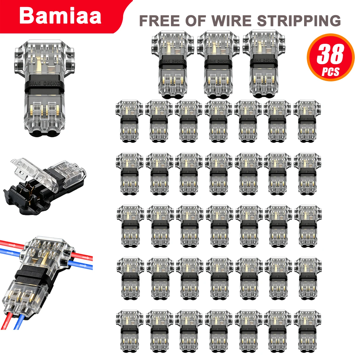 38/9pcs T2 push-in connectors for wires and cables, T-type LED quick connectors,no soldering or wire stripping required.
38/9pcs T2 push-in connectors for wires and cables, T-type LED quick connectors,no soldering or wire stripping required.
