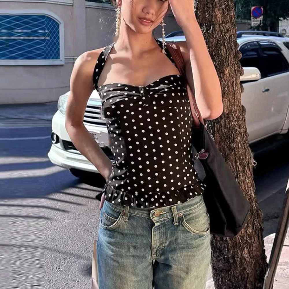 Fashion Dot Short Sleeve Crop Top Lace Up Y2k Halter Ruffle Vest Top Slim Fit Korean Style Women Camisole Summer
Fashion Dot Short Sleeve Crop Top Lace Up Y2k Halter Ruffle Vest Top Slim Fit Korean Style Women Camisole Summer