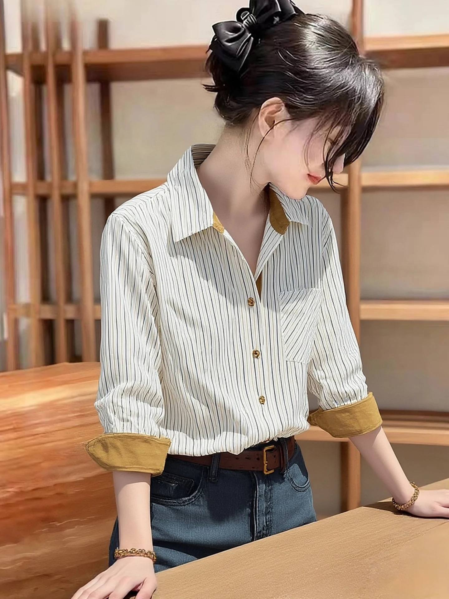 Elegant Striped Loose Long Sleeve Shirt Turn-down Collar Versatile Simple Style Spring New Arrival Commute Friendly Women's Top
Elegant Striped Loose Long Sleeve Shirt Turn-down Collar Versatile Simple Style Spring New Arrival Commute Friendly Women's Top