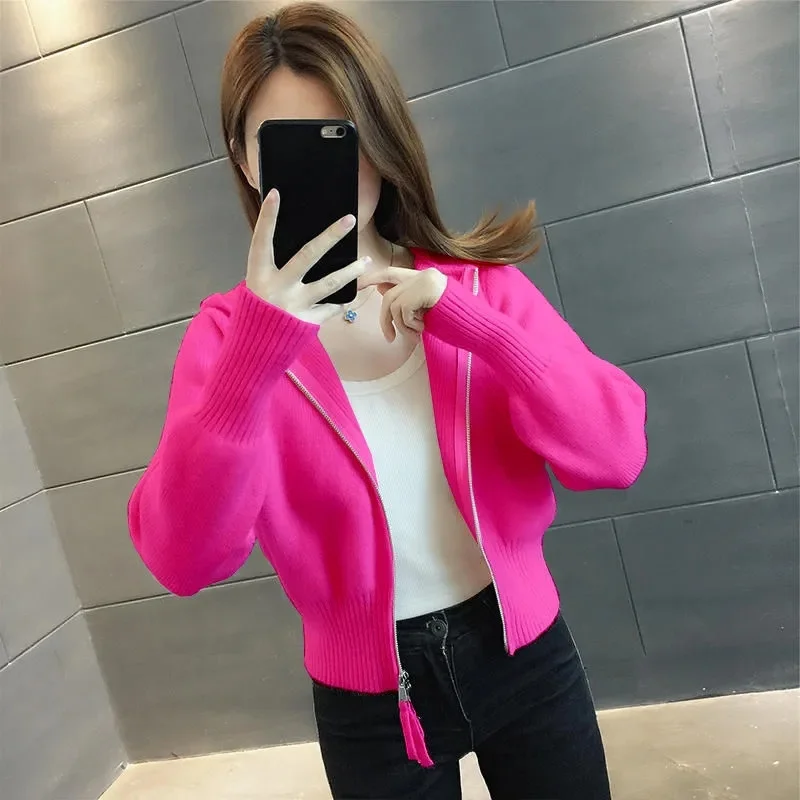 Hooded Sweater Short High Waist Zipper Cardigan Knitted Coat Women's 2023 New Spring Autumn Sweater Red Tops
Hooded Sweater Short High Waist Zipper Cardigan Knitted Coat Women's 2023 New Spring Autumn Sweater Red Tops