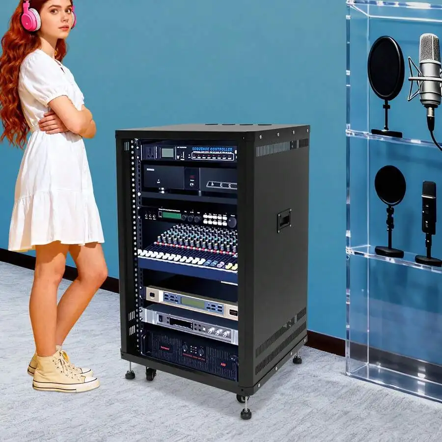 18U Black Alloy Steel Audio Rack With Adjustable Rails, 4 Wheels And Leveling Feet, 300Lb Capacity
18U Black Alloy Steel Audio Rack With Adjustable Rails, 4 Wheels And Leveling Feet, 300Lb Capacity