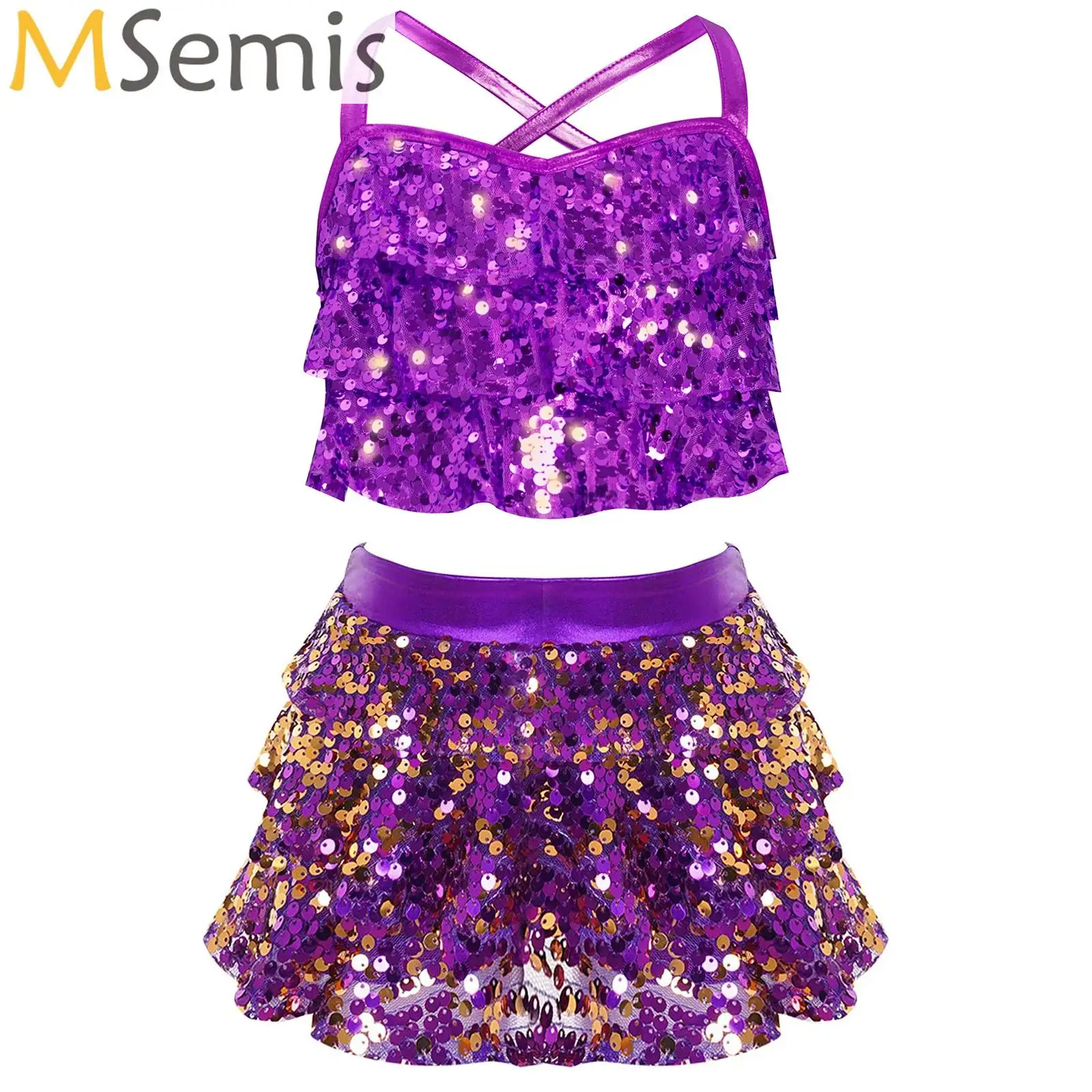 Kids Girls Jazz Dance Performance Costume Sequins Tiered Ruffles Crop Top with Culottes Skirts for Ballet Hip Hop Cheerleading
Kids Girls Jazz Dance Performance Costume Sequins Tiered Ruffles Crop Top with Culottes Skirts for Ballet Hip Hop Cheerleading