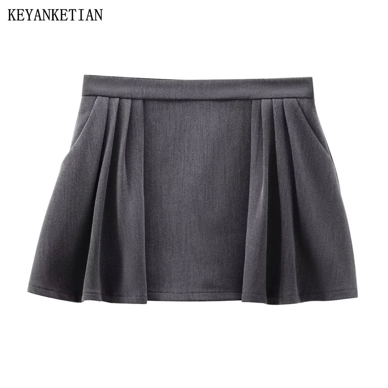 

KEYANKETIAN 2024 New Launch Women Dark Gray Mini Skirt Y2K Sweet Back Zipper High-waisted Pleated Decoration A-line Skirt Shorts