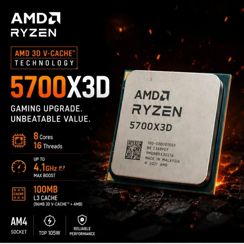 AMD Ryzen 7 5700X3D Bulk CPU for X570 B550 8-Cores 16-Threads 3 GHz Up to 4.1 GHz 105W AM4 CPU DDR4 Series Processor
AMD Ryzen 7 5700X3D Bulk CPU for X570 B550 8-Cores 16-Threads 3 GHz Up to 4.1 GHz 105W AM4 CPU DDR4 Series Processor