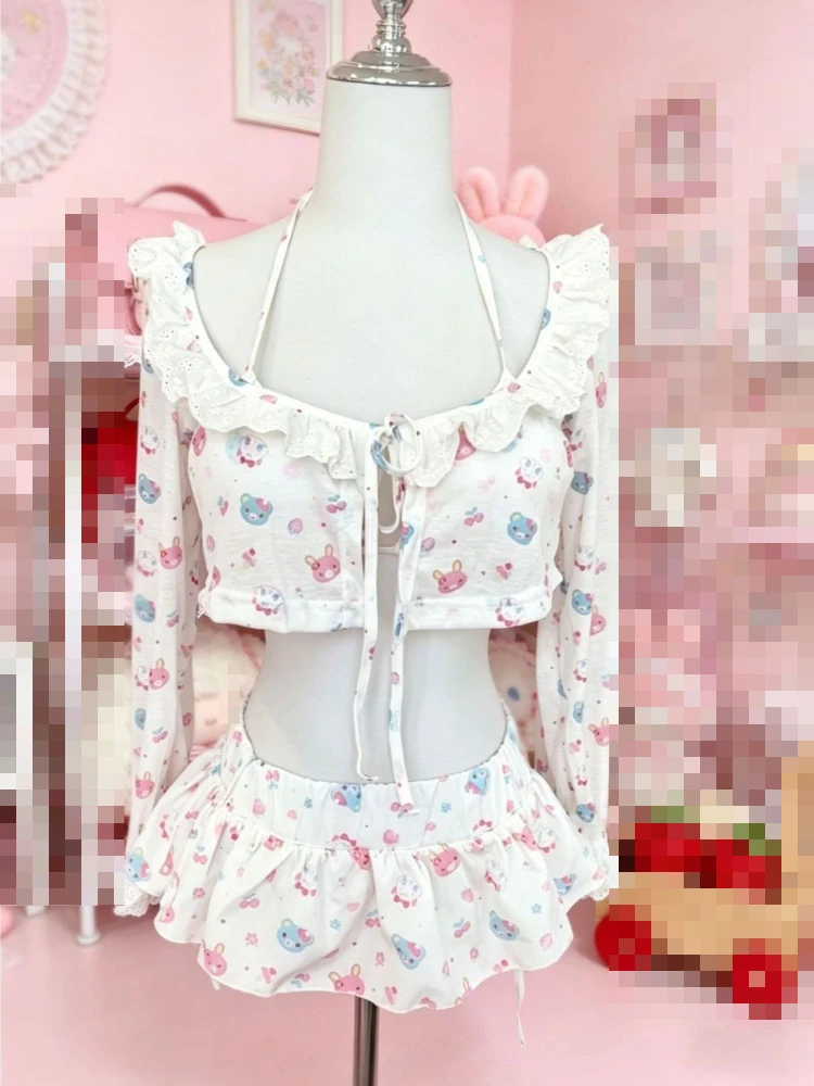 Sweet Kawaii Cartoon Print 4 Piece Bikini Set Women Ruffle Lace Halter Neck Tie Front Crop Top Ruffle Skirt Beach Vacation Outfi
Sweet Kawaii Cartoon Print 4 Piece Bikini Set Women Ruffle Lace Halter Neck Tie Front Crop Top Ruffle Skirt Beach Vacation Outfi