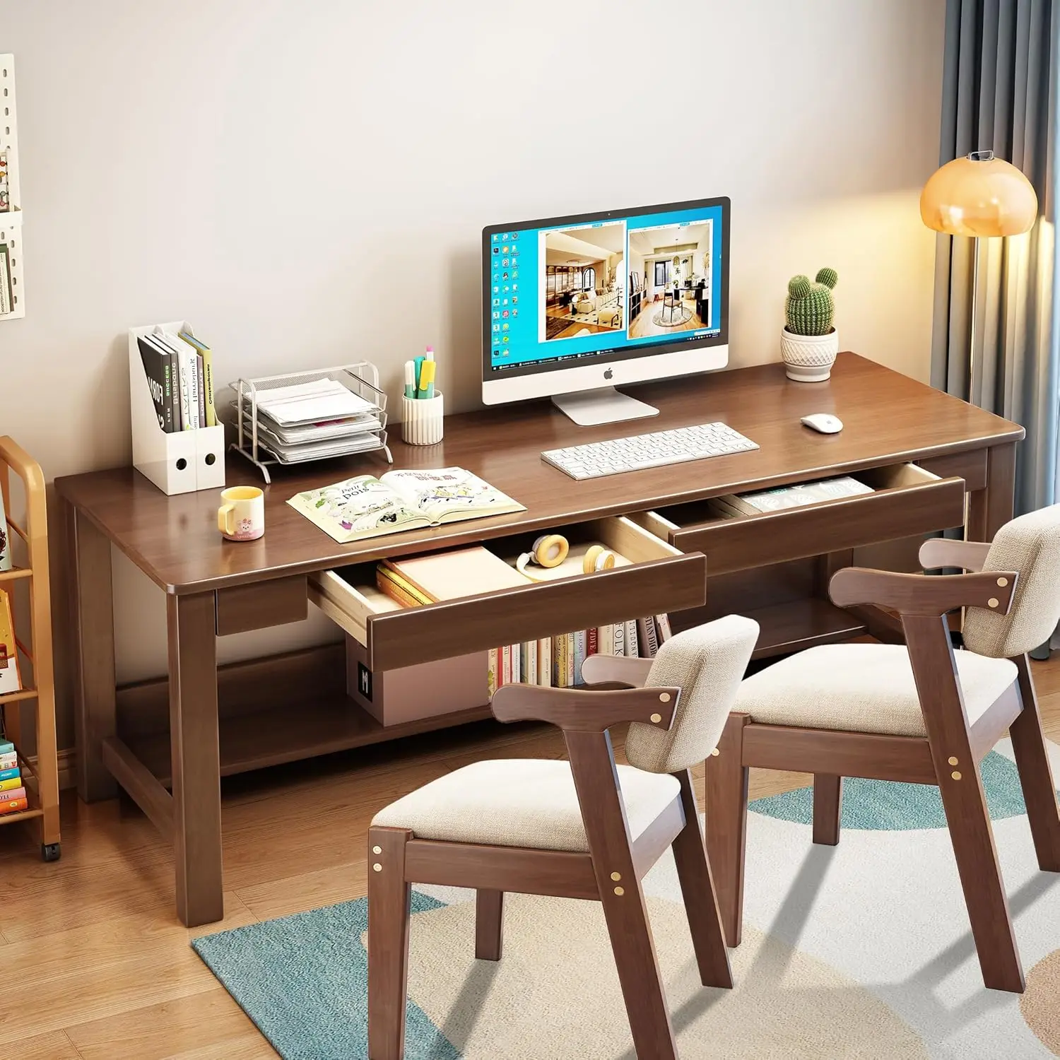 Kids Desk and Chair Set 63 inch Rubberwood Computer Desk with Two Drawers and Two Chairs for Office, Home, Study,, Custom
Kids Desk and Chair Set 63 inch Rubberwood Computer Desk with Two Drawers and Two Chairs for Office, Home, Study,, Custom