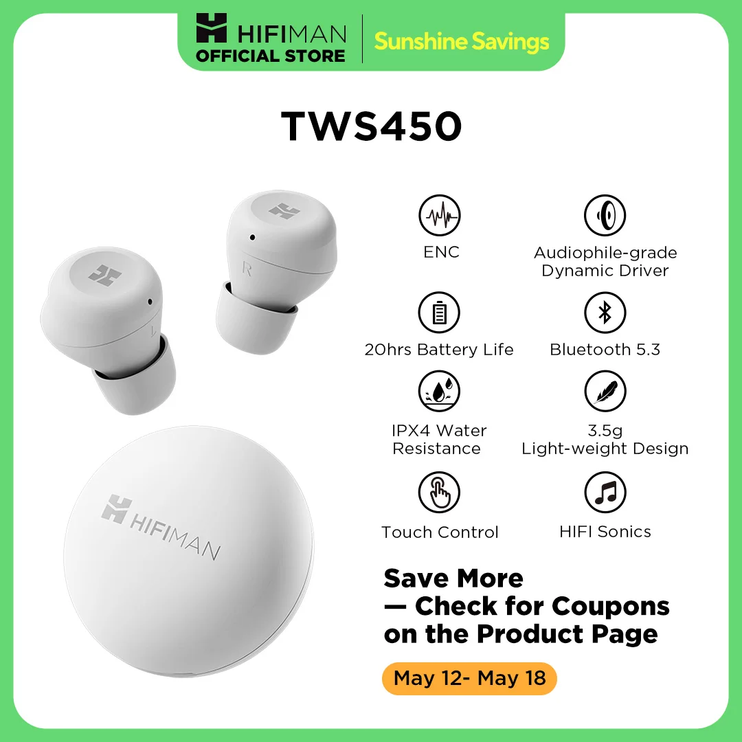 HIFIMAN TWS450 True Беспроводная стереогарнитура с экологическим шумоподавлением и динамическим драйвером аудиофильского класса
HIFIMAN TWS450 True Беспроводная стереогарнитура с экологическим шумоподавлением и динамическим драйвером аудиофильского класса
