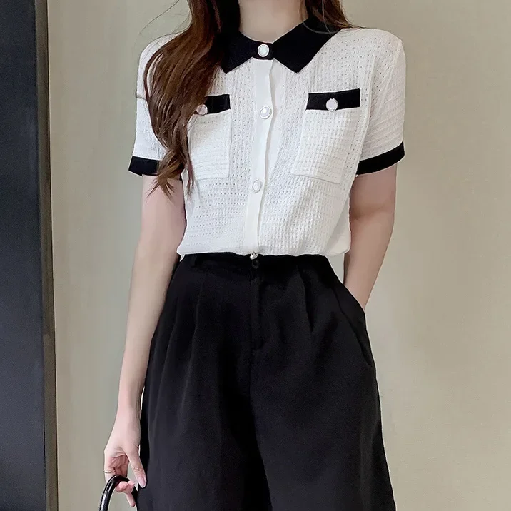 Korean Fashion Clothes Short Sleeve Tees Women T Shirt Knitted Turn Down Collar Cardigan Female Tops 2025 Summer Camisetas Mujer
Korean Fashion Clothes Short Sleeve Tees Women T Shirt Knitted Turn Down Collar Cardigan Female Tops 2025 Summer Camisetas Mujer