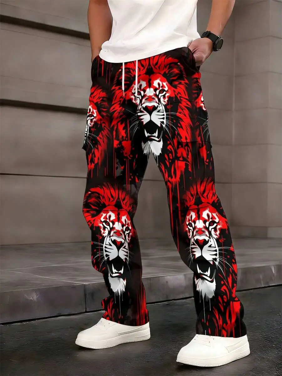 Mens Casual Straight Leg Pants With Red Black Lion Print Elastic Drawstring Waist Multi Pocket
Mens Casual Straight Leg Pants With Red Black Lion Print Elastic Drawstring Waist Multi Pocket