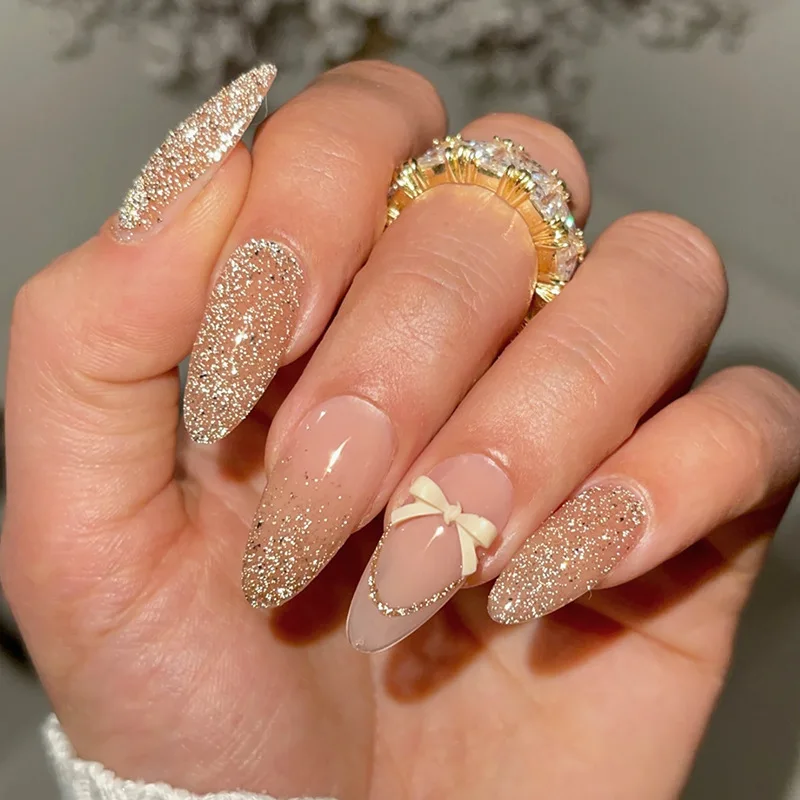 24Pcs Mid-length Almond Fake Nail Golden Shiny Powder Gradient French Full Cover Nails Tips 3D Bow Reusable Press on False Nails
24Pcs Mid-length Almond Fake Nail Golden Shiny Powder Gradient French Full Cover Nails Tips 3D Bow Reusable Press on False Nails