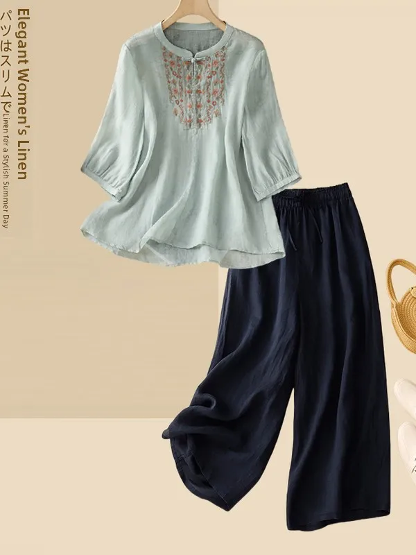 New Chinese Style Cotton Linen Shirt Wide Leg Pants Two Piece Set Women's Summer Clothing Ethnic Loose Fit Embroidered Top
New Chinese Style Cotton Linen Shirt Wide Leg Pants Two Piece Set Women's Summer Clothing Ethnic Loose Fit Embroidered Top
