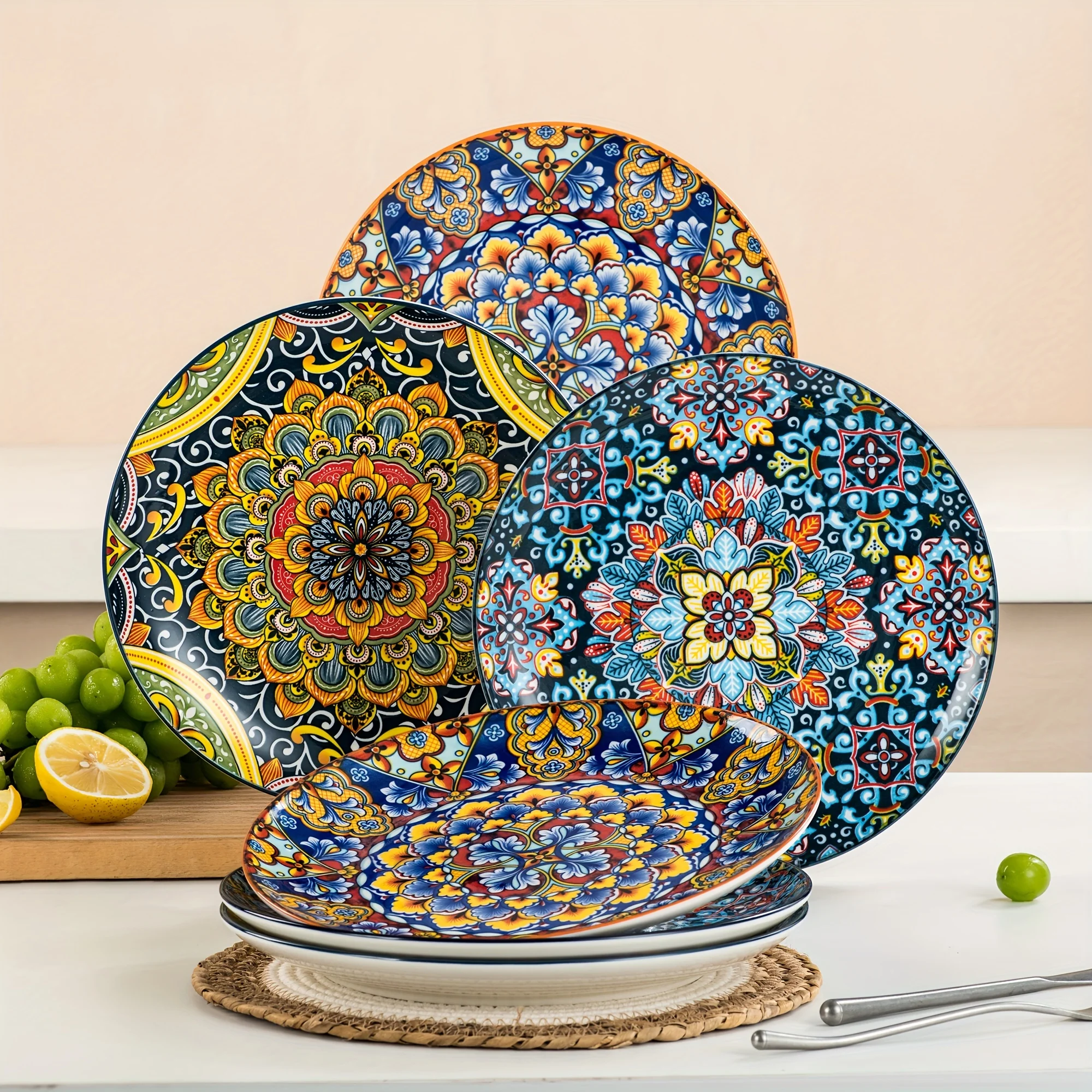 Set Of 6 SIMI Flat Dinner Plates Bohemian Style Made Of Porcelain, Crockery Breakfast Plate Set, Dishwasher And Microwave Safe,
Set Of 6 SIMI Flat Dinner Plates Bohemian Style Made Of Porcelain, Crockery Breakfast Plate Set, Dishwasher And Microwave Safe,